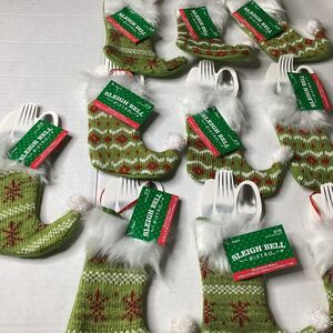 Sleigh Bell Bistro Christmas Knit Silverware Holder Stockings Set of 10 New